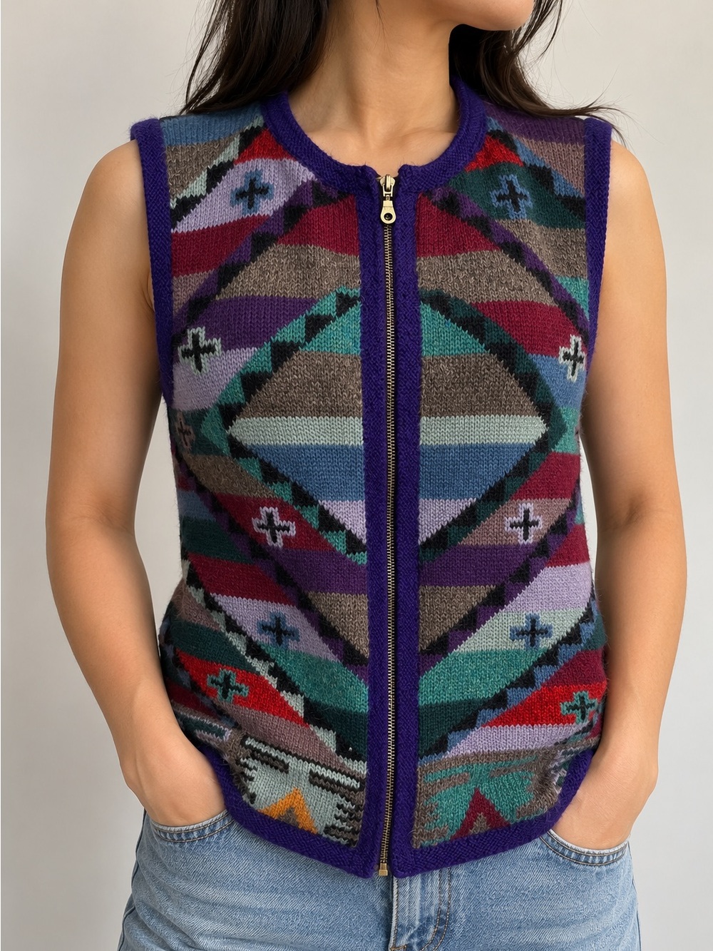 MINKHA 100% Alpaca Hand Knit Bolivia Southwestern Zip Sweater Vest